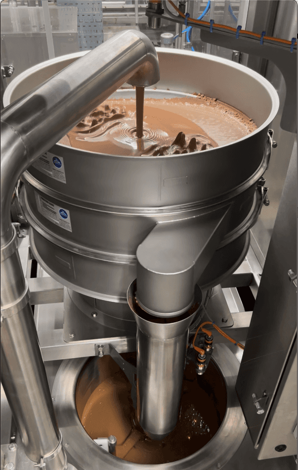 Inline zeefinstallatie met buffertank voor continue chocoladefiltratie